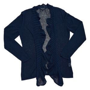 Eileen Fisher Ruffle Open Cardigan Womens L Navy Lightweight Linen Blend Sheer